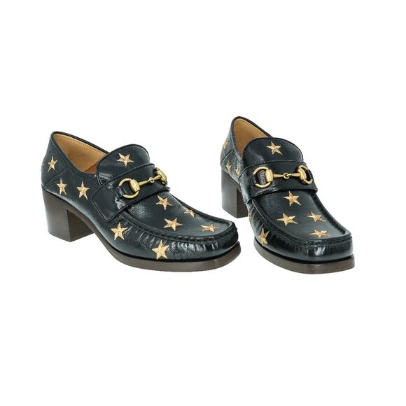 Gucci Horsebit Embroidered Stars Leather Mid Heel Loafers - Picture 1 of 8